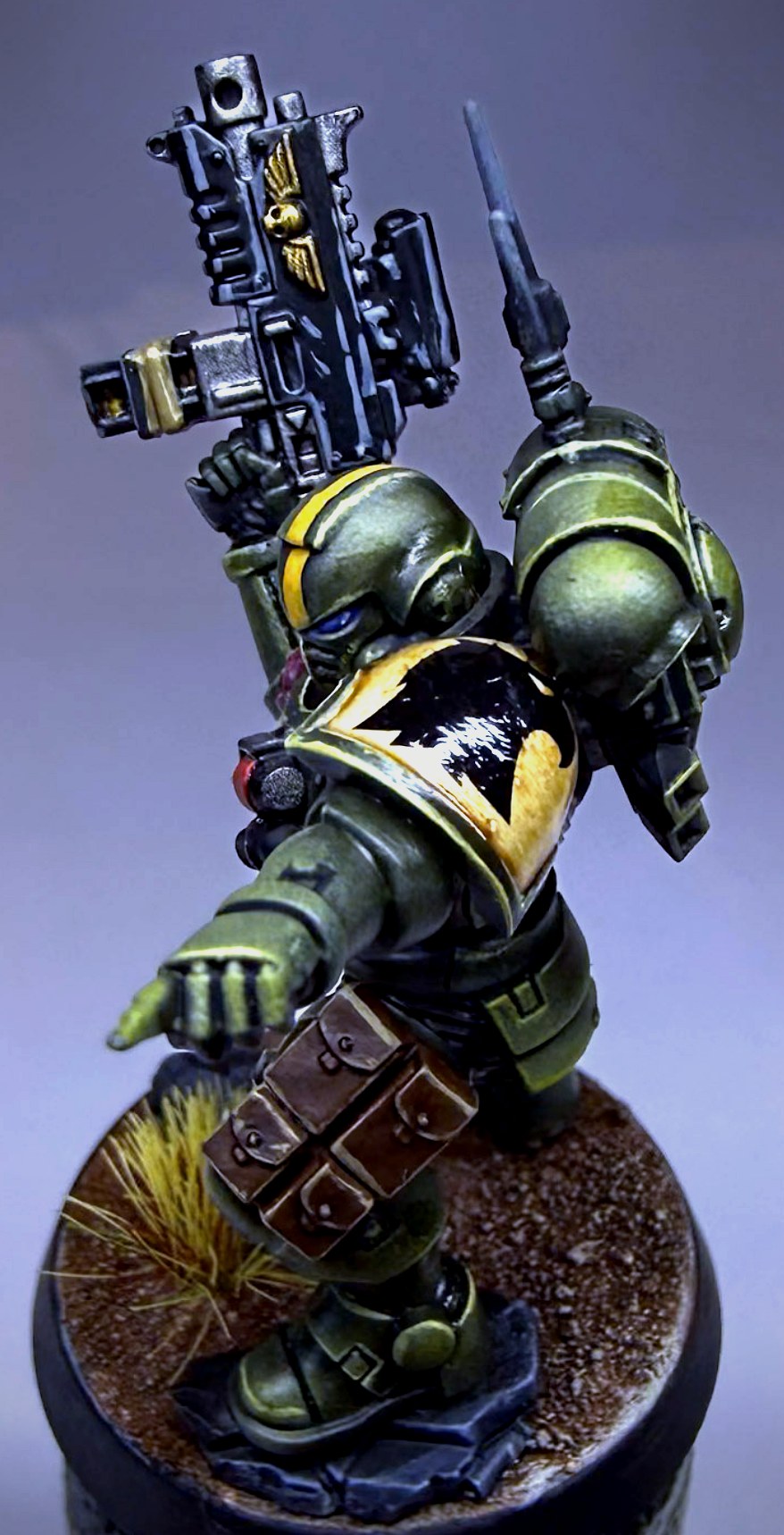 Painted Space Marine veteran sergeant with a spiked skull backpack trophy, sword raised